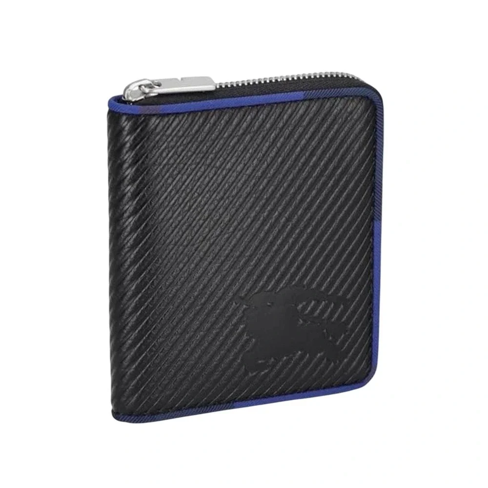 Burberry‎ Black Leather Zip Around Bifold Wallet Blue Trim Coin Pocket New